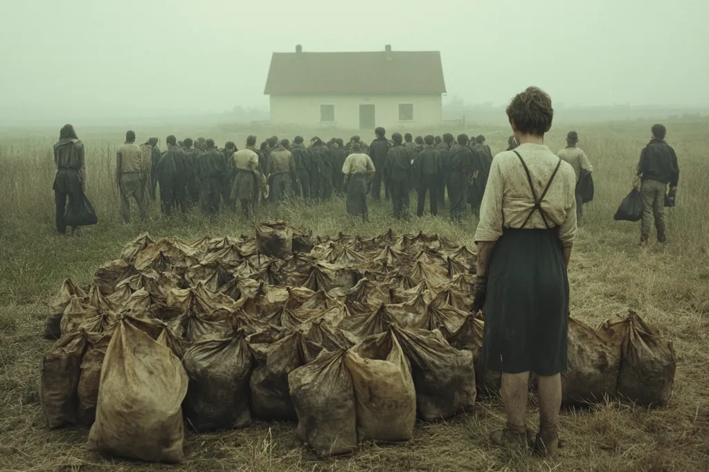 A group of people in dark clothing stand in a field facing a small, white house in the distance. A woman in a black dress and a light shirt stands in the foreground, facing away from the house and the crowd. In front of her are numerous burlap sacks. The atmosphere is somber and the sky is overcast.