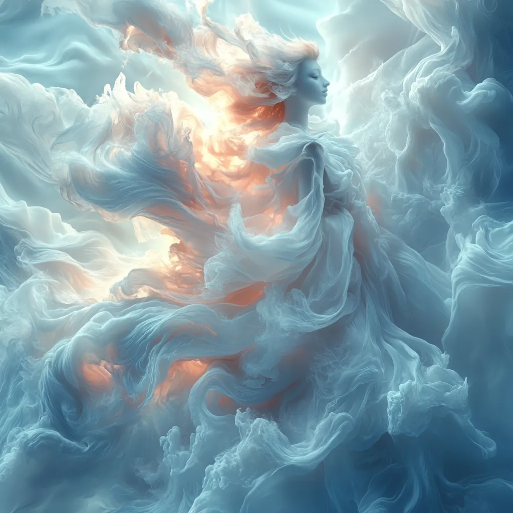 A ethereal figure, draped in flowing white fabric, blends seamlessly with a swirling, abstract background. The figure's long blonde hair and delicate features are barely visible amidst the ethereal clouds of blue and orange. The image evokes a sense of otherworldly beauty and tranquility, as if the figure is a celestial being floating through the heavens. The composition is both mesmerizing and peaceful, leaving the viewer with a feeling of awe and wonder.