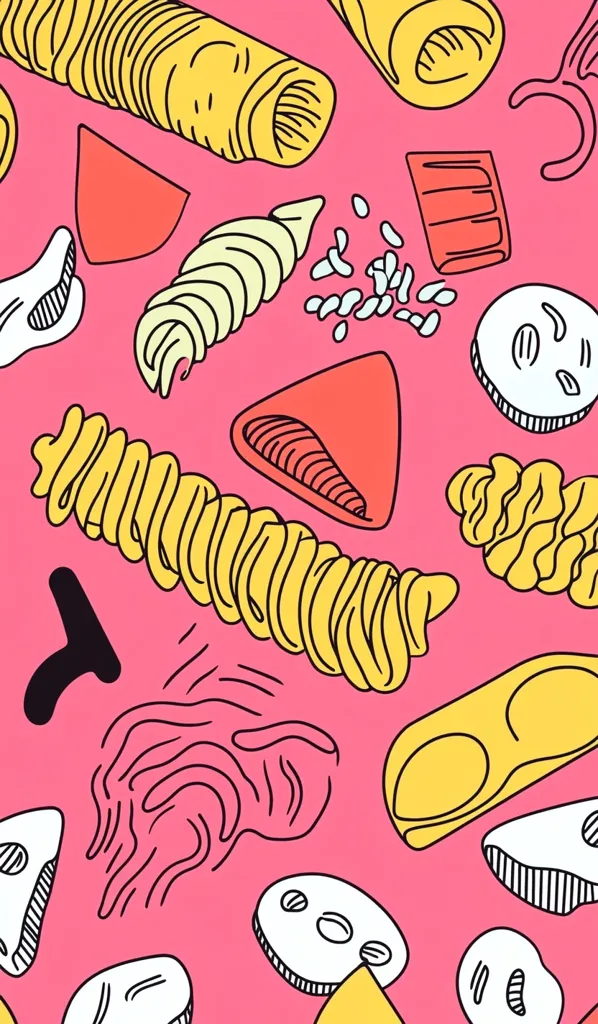 The image is a whimsical pattern of various food items drawn in a cartoon style. There are yellow pasta shapes, pink and red slices of meat, white rice grains, and black abstract shapes on a bright pink background. The image is playful and suggests a fun and energetic atmosphere.