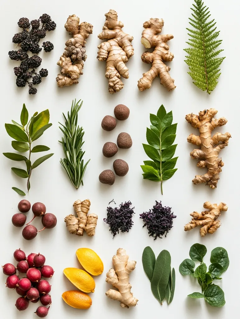 The image features a white background with various food items arranged in rows. There are blackberries, ginger root, rosemary, small brown spheres,  leaves, red berries, and lemon slices. The arrangement suggests a still life or a food presentation. The items are neatly placed, creating a visual balance and a sense of order.