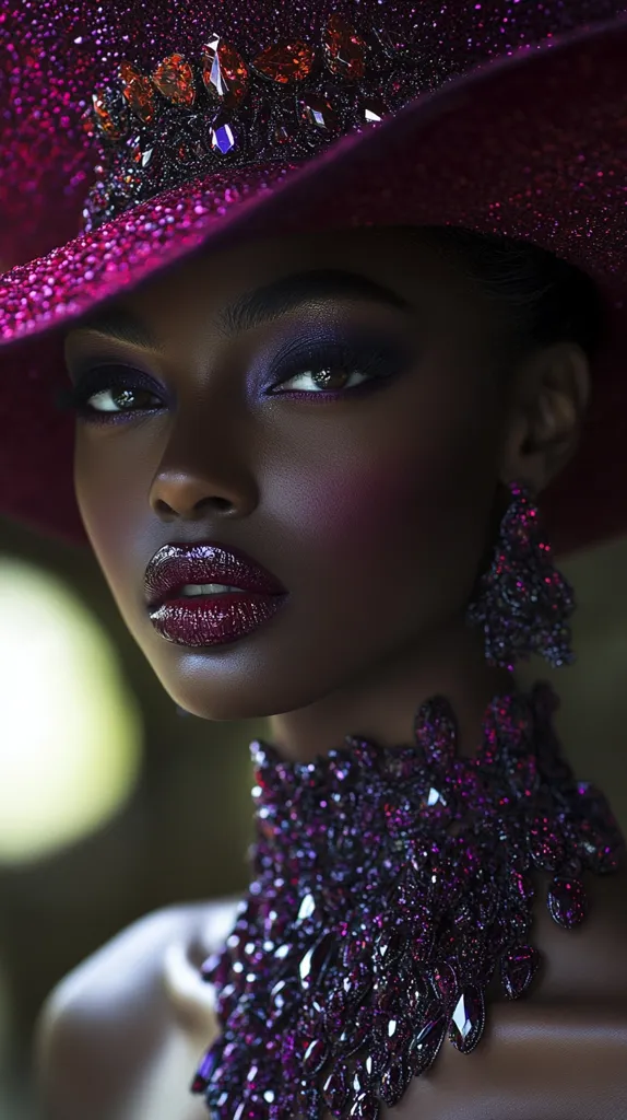 A woman with dark skin and a striking look wears a large, sparkly purple hat adorned with jewels. Her eyes are heavily lined with purple shadow and her lips are painted a deep, glossy burgundy. She wears a jewel-encrusted choker that matches her hat. The image is dramatic and glamorous, with a focus on the woman's strong features and bold fashion choices.