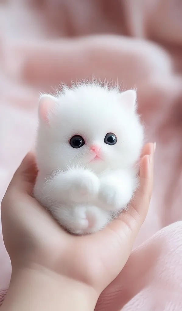 A tiny, fluffy white kitten with big, dark eyes is being held gently in a hand. Its soft fur and pink nose make it look like a plush toy. The kitten is curled up in a ball, with its paws tucked under its chin. The background is a soft, pink fabric. The image evokes a sense of tenderness and cuteness.