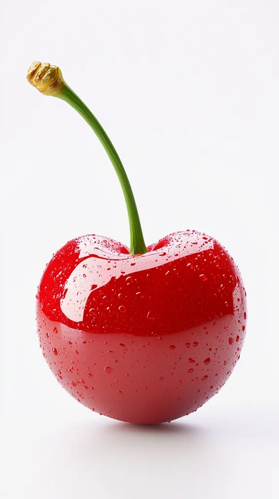 A single, shiny red cherry with a green stem sits on a white background. The cherry is perfectly round and covered in small water droplets. The cherry's bright red color and glossy surface create a visually appealing contrast against the white background. The image is simple and elegant, highlighting the beauty of this everyday fruit.