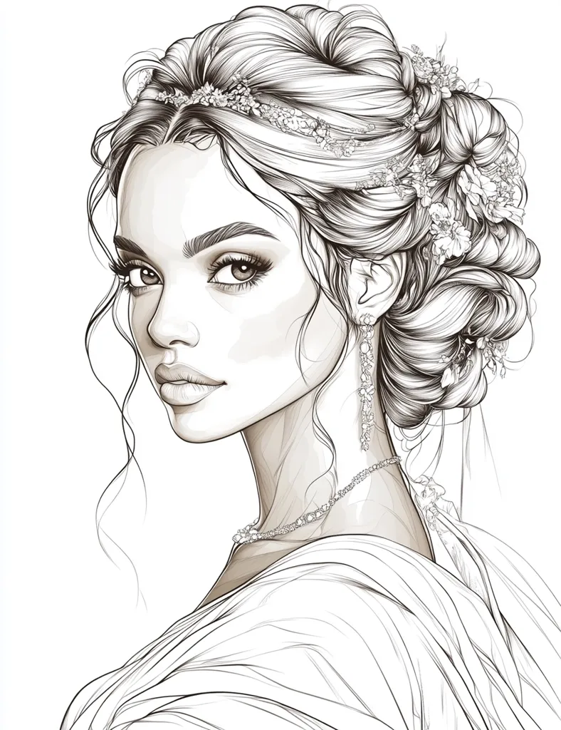 A detailed line drawing of a woman with long, flowing hair styled in an intricate updo adorned with flowers. She is wearing a delicate necklace and earrings, and her gaze is directed away from the viewer. The woman's expression is soft and serene, and she is depicted in a graceful pose, suggesting elegance and sophistication. The artist's skillful use of line creates a sense of depth and dimension, adding to the overall beauty of the drawing.