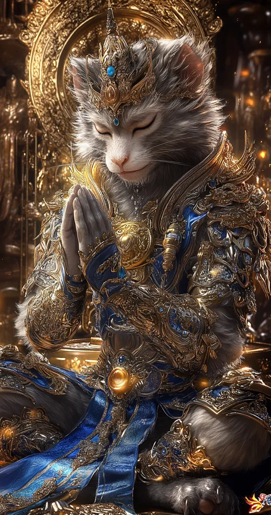 A majestic, gray cat with a crown sits upon a golden throne, adorned in ornate, blue and gold armor. Its hands are clasped in prayer, a serene expression on its face. The cat's fur is soft and fluffy, contrasting with the intricate detail of the armor and throne. The image evokes a sense of power and spirituality.