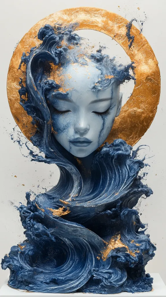 A sculpture of a woman's head emerging from a swirling mass of blue, wave-like forms. The head is painted in a pale blue, with gold accents highlighting the eyes and hair. A large, golden ring surrounds the head, giving the impression of a halo or a celestial body. The sculpture is a captivating blend of realism and abstraction, suggesting the power and beauty of nature.