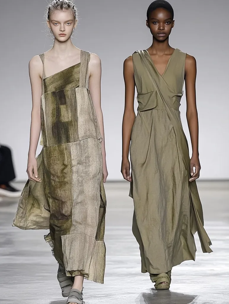 Two models walk down a runway. The model on the left wears a long, patched, green and tan dress. The model on the right wears a long, flowing, green dress. Both models have a serious, focused expression on their faces. The lighting in the image is neutral and the background is a muted white. The image is likely from a fashion show.