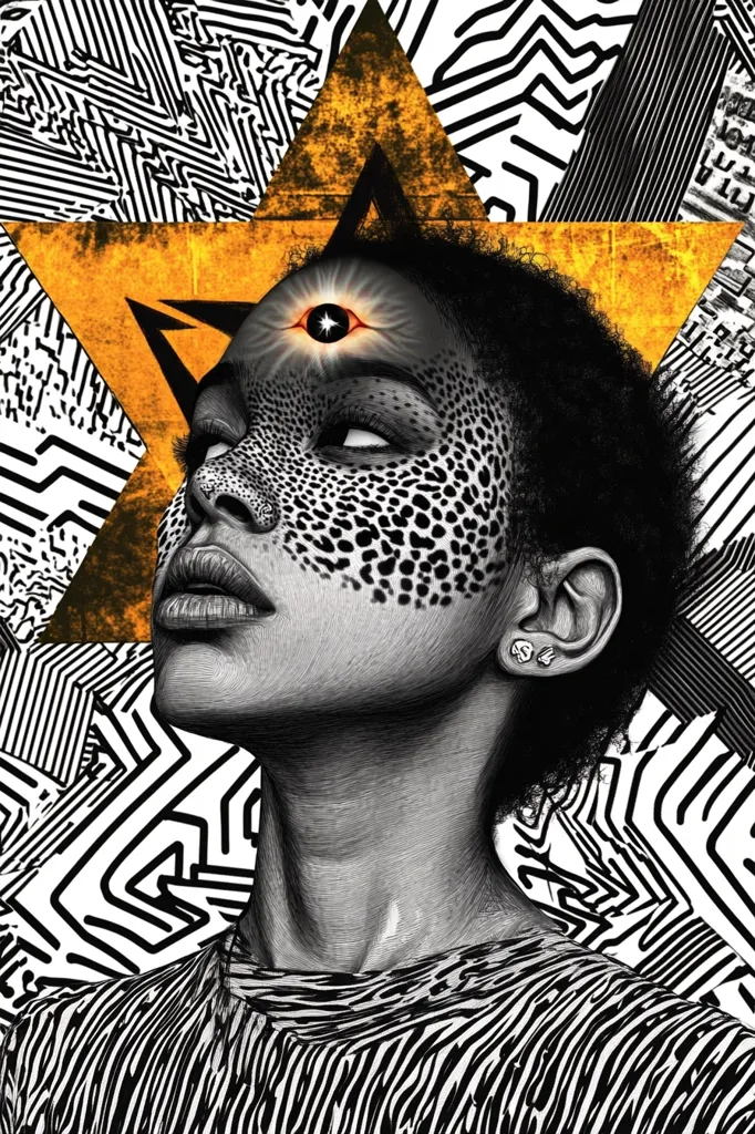 The image depicts a close-up portrait of a person with a third eye in the center of their forehead, framed by a large yellow star with a black and white geometric background. The person has a dark complexion and a stylized, spotted pattern on their face. The third eye is surrounded by a red circle and a star, suggesting a spiritual or mystical theme. The black and white geometric background adds a sense of depth and complexity to the image. The overall impression is one of otherworldliness and mystery.