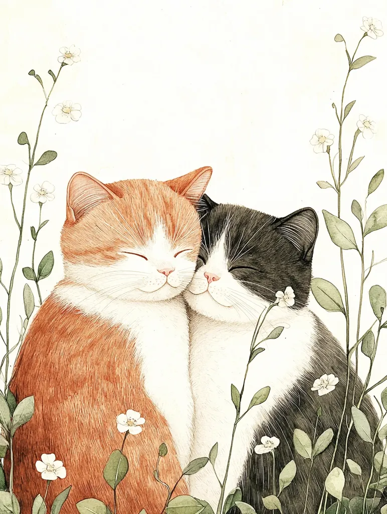 The image depicts two cats, a ginger and white cat and a black and white cat, snuggling together in a field of delicate white flowers. Both cats are asleep, their eyes closed, and their faces touching. The flowers are blooming in the foreground and background, creating a soft and romantic ambiance. The artwork is rendered in a watercolor style, with soft brushstrokes and muted colors. The overall tone is one of peace and tranquility.