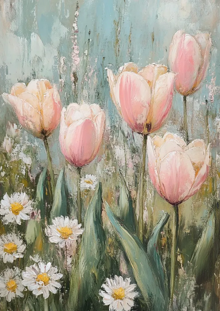 A painting of pink tulips and white daisies in a field. The tulips are in the foreground, with their petals open wide. The daisies are scattered throughout the field, with their white petals contrasting with the green leaves. The background is a soft blue-green, giving the painting a dreamy feel. The oil paint texture gives the painting a rustic, hand-painted look. The colors are soft and muted, creating a sense of peace and tranquility.