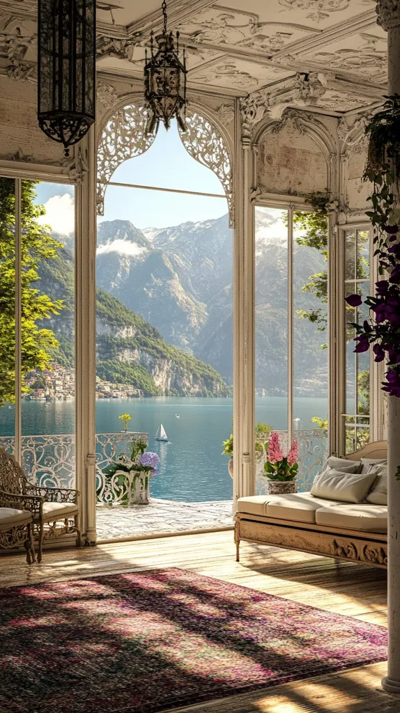 The image shows a luxurious room with large windows overlooking a stunning view of a lake and mountains. The room is decorated in a classic style with ornate chandeliers, white walls, and a beautiful rug. The light streams through the windows, illuminating the room and creating a warm and inviting atmosphere. A comfortable couch sits in the foreground, offering a perfect spot to relax and enjoy the view. The image evokes a sense of peace and tranquility, making it a perfect escape from the hustle and bustle of everyday life.