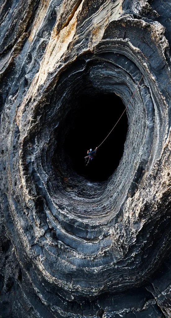 The image shows a large, circular opening in a cliff face. The opening is deep and dark, and the rock around it is rough and textured. A person is rappelling down the opening, suspended by a rope. The scene is dramatic and somewhat dangerous, emphasizing the power of nature and the courage of the climber.