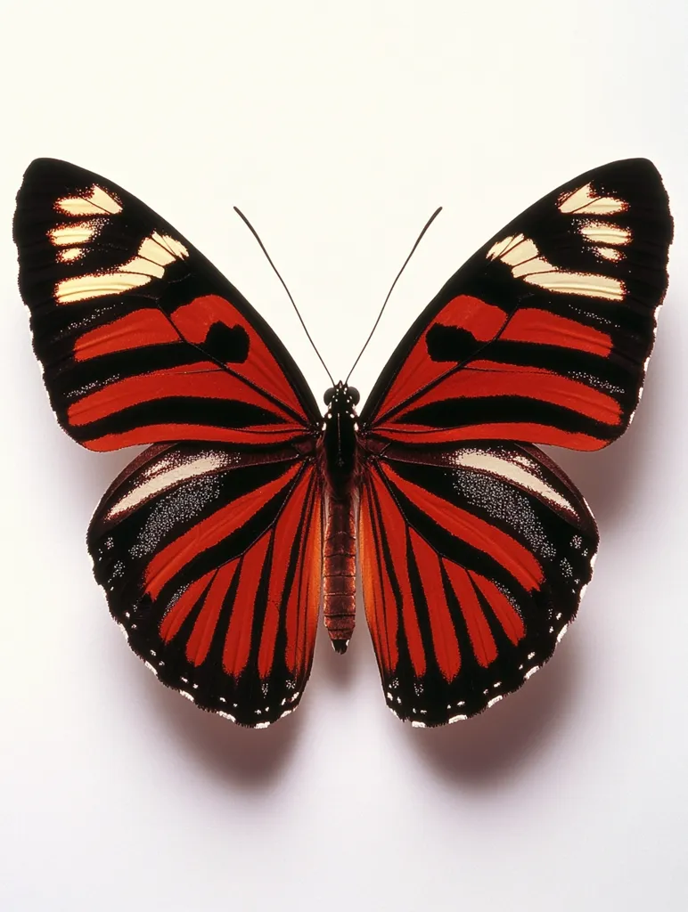 The butterfly has striking red, black, and white patterns on its wings. The wings are bordered in black and have a pattern of alternating red and black stripes. The butterfly is spread out with its wings fully open, creating a symmetrical shape. The background is white, making the butterfly stand out. It's a beautiful and vibrant specimen.