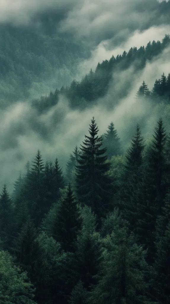 A thick forest shrouded in mist.  The dark green trees stand tall, their branches reaching up towards the sky.  The fog swirls around the trees, creating a mysterious and ethereal atmosphere.  The image evokes a sense of peace and tranquility, as if the forest is a place of refuge from the outside world.