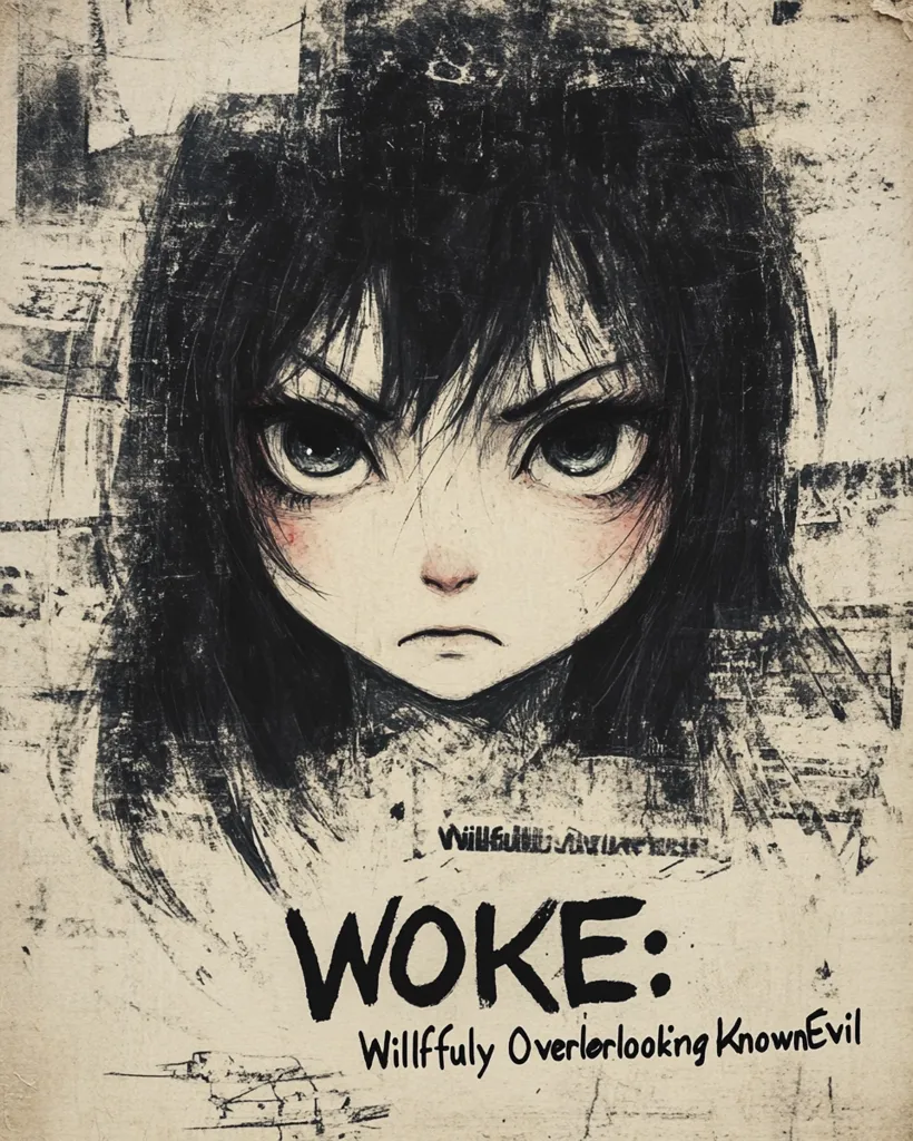 The image depicts a cartoon girl with black hair and large eyes, set against a grunge-style background. She has a serious, almost angry expression, with her mouth slightly open. The image is titled "Woke: Willfully Overlooking Known Evil," suggesting a critical commentary on societal issues and blind acceptance. The distressed background adds to the somber tone of the image.