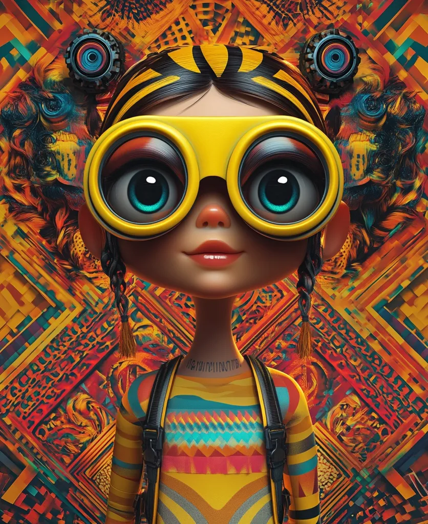 The image depicts a stylized cartoon character with large, round eyes and a bright, colorful outfit. She wears oversized yellow goggles and has intricate braids with yellow tassels. The background is a vibrant abstract pattern of geometric shapes and swirling designs. The character's expression is playful and curious, suggesting a sense of adventure. The image evokes a playful and whimsical atmosphere.