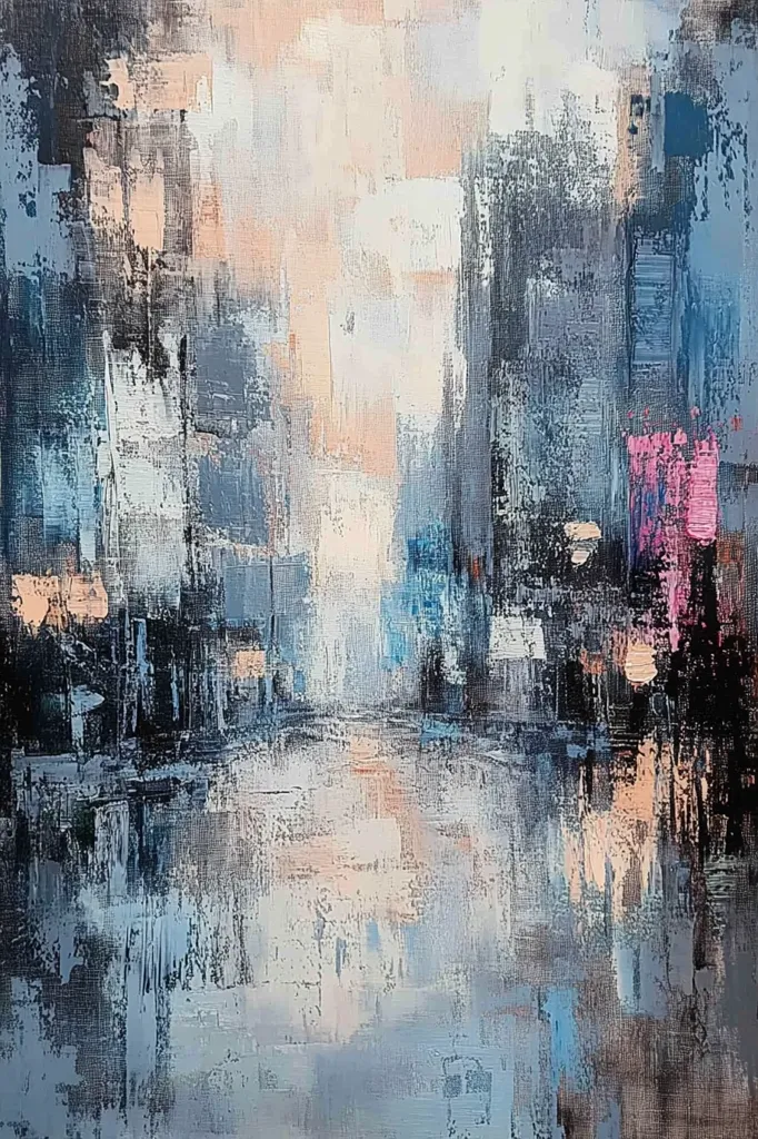 The painting is an abstract composition using a variety of shades of blue, grey, black and pink.  It features thick strokes of paint, creating a textured surface. The composition is centered around a central light space, which is surrounded by darker tones. The painting evokes a sense of urban life, with the thick paint strokes reminiscent of buildings and streets. The overall impression is one of a mysterious and atmospheric city.