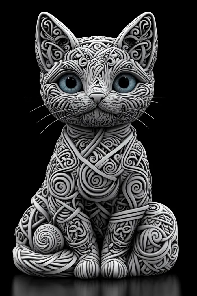 A 3D rendering of a cat, crafted from intricate, swirling patterns. Its fur is a mesmerizing tapestry of interconnected lines and curves, creating a sense of movement and texture. The cat's blue eyes and subtle smile add a touch of whimsy to the otherwise intricate design. The image is rendered in shades of gray against a black background, enhancing the intricate details and creating a captivating visual.