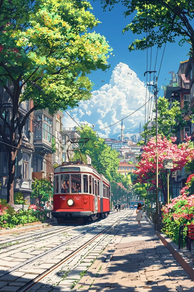 A red tram travels down a cobbled street lined with lush green trees and colorful flowers. The street is bathed in warm sunlight, and the sky is a bright blue with puffy white clouds. A lone woman walks on the sidewalk, enjoying the idyllic scene. The buildings on either side of the street are a mix of old and new, giving the city a charming and historic feel.