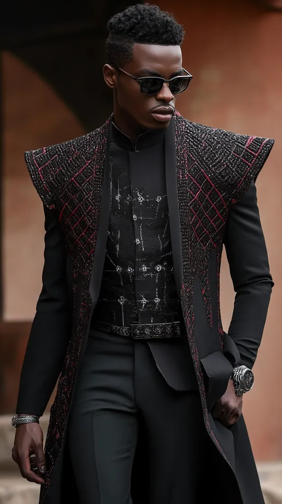 A young man with short, curly black hair wears a black suit with a red-trimmed jacket. The jacket has a geometric pattern and he is wearing a black vest underneath. He is also wearing black sunglasses, a silver watch, and a silver bracelet. He is standing in front of a red brick wall.  He has a serious expression.