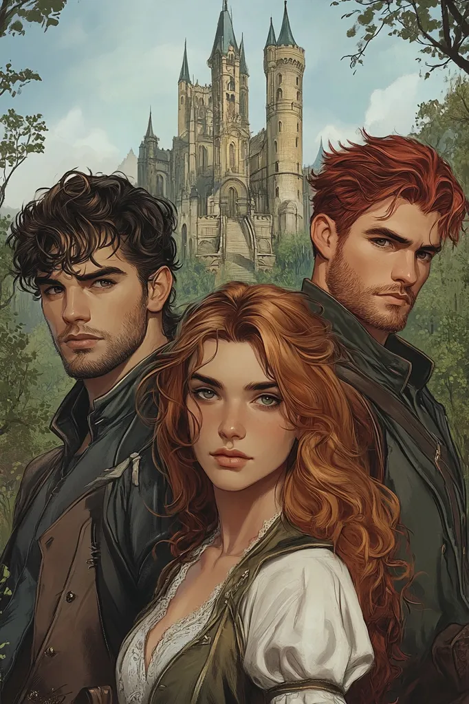 The image depicts a group of three young adults, two men and one woman, standing in front of a large castle.  The woman has long, flowing red hair and is wearing a white blouse and a green vest. One man has dark hair and is wearing a brown jacket, while the other man has red hair and is wearing a green jacket. The castle is grand and imposing, with tall towers and intricate details.  The image suggests a story of romance, adventure, and perhaps even magic.