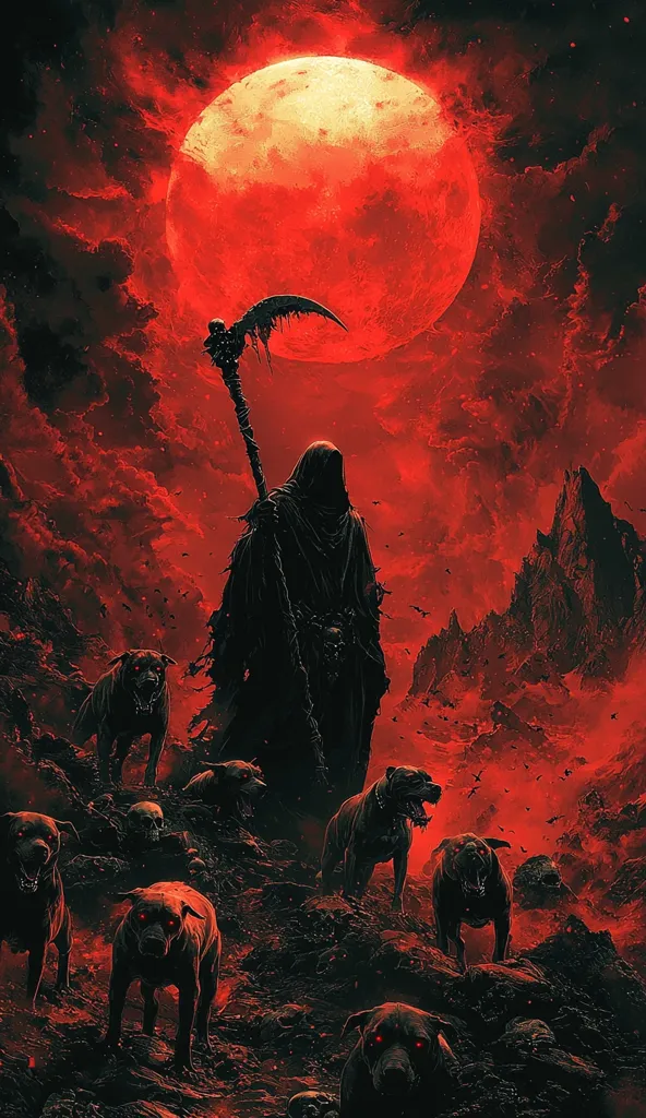 A cloaked figure, holding a scythe, stands in the foreground of a dark and ominous landscape. The sky is ablaze with a fiery red hue, illuminated by a large, glowing red moon.  Several shadowy dogs, with glowing red eyes, surround the figure, adding to the overall sense of dread and foreboding. The image is both visually striking and emotionally evocative, conjuring up feelings of fear, mystery, and the unknown.