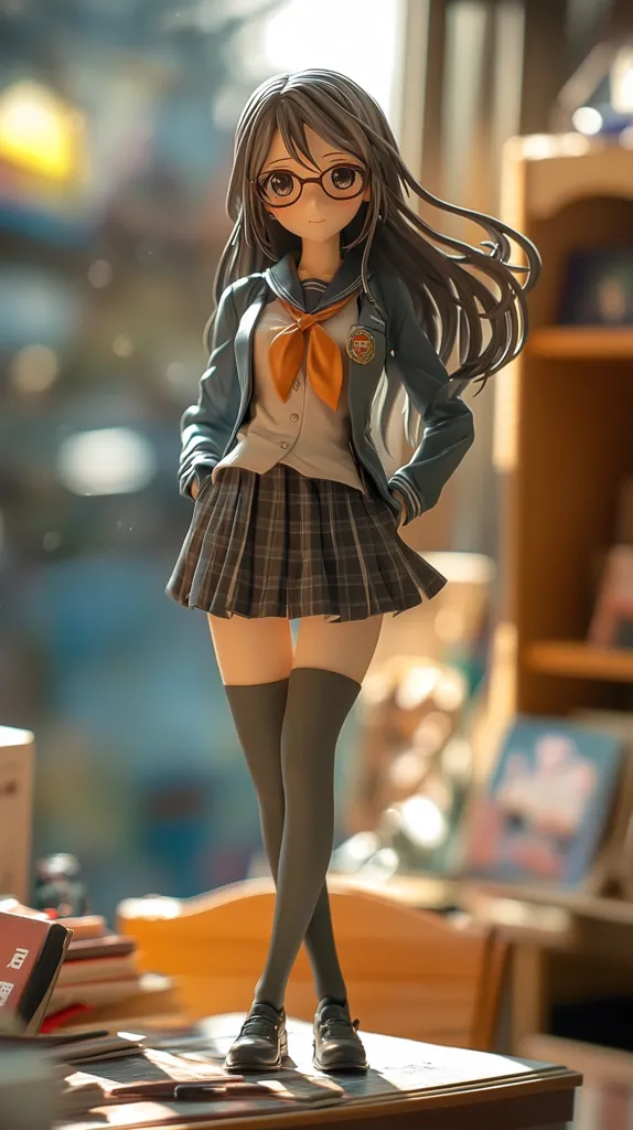 The image depicts a female anime figurine wearing a school uniform. She has long gray hair, brown eyes, and is wearing a blue blazer with a white shirt and orange tie, a plaid skirt, black stockings, and black shoes. She is standing on a wooden surface with a bookshelf and other furniture in the background. The figurine is posed in a slightly casual manner, with her hands in her pockets. The image is lit by a warm, natural light, creating a soft, inviting atmosphere.