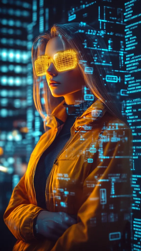 A woman with blonde hair wears futuristic, glowing, yellow glasses.  She stands in front of a blurred background of a cityscape and code-like visuals, giving a futuristic, cyberpunk vibe. Her expression is serious and her arms are crossed. The image highlights the intersection of technology and the human form.