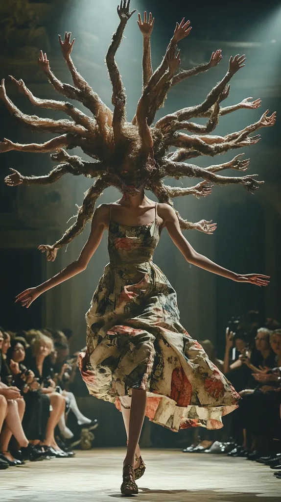 A fashion model walks down a runway, her head adorned with a crown of dozens of outstretched arms and hands, reaching towards the sky. Her dress is a flowing floral pattern, and she wears heeled sandals. The background is blurred, but rows of seated audience members are visible. The image is dramatic and surreal, showcasing an avant-garde fashion design.