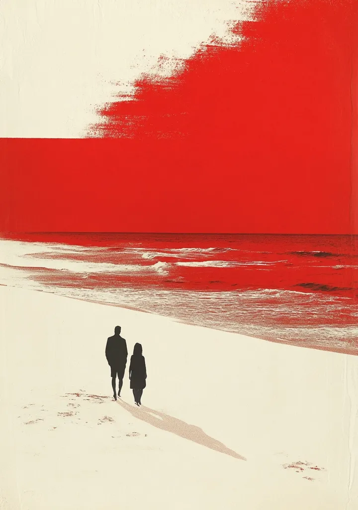 A couple walks along a white sandy beach, silhouetted against a bright red sunset. The sky is a vibrant crimson, and the sea is a swirling, textured red. The couple's long shadows stretch behind them, creating a sense of vastness and solitude. The overall image is a striking and minimalist depiction of a romantic moment set against an epic, fiery sky.