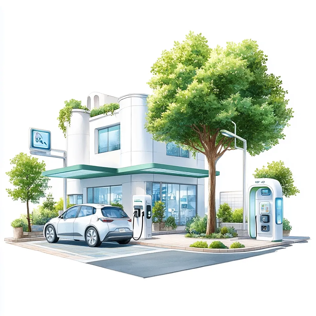 The illustration depicts a white, modern building with a green awning, situated on a street corner. A white electric car is parked in front of the building, charging at a charging station. A large tree with lush green leaves stands beside the building, providing shade. The scene is painted in a watercolor style, with soft colors and a peaceful ambiance. The street is lined with small trees and bushes, adding to the greenery of the scene.  The image suggests a clean and sustainable future for transportation.