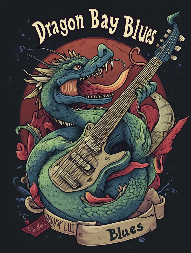 A green dragon with a large, open mouth and long, sharp teeth is playing an electric guitar. The dragon is positioned in front of a red sun, and the scene is surrounded by a dark background with swirling lines. The words "Dragon Bay Blues" are written in a bold font above the dragon, and the words "Blues" are written in a smaller font below the dragon. The image is a stylized and colorful illustration.