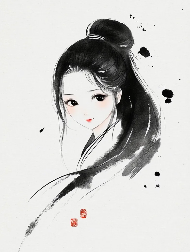 The image depicts a young woman with long black hair pulled back in a bun. She is drawn in a minimalist style, with only her face, hair, and the outline of her clothes visible. The background is a simple white with black ink splatters. The woman's expression is serene and thoughtful, suggesting a sense of quiet grace and beauty. The overall style of the image is reminiscent of traditional East Asian art, with its focus on simplicity and elegance.