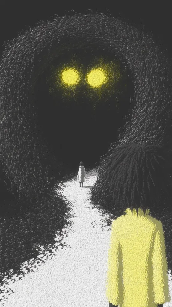 The image is a dark and unsettling scene with a looming shadowy figure in the background. The figure has two glowing yellow eyes, which are the only visible features.  In the foreground, a person in a yellow coat stands on a path, facing the shadowy figure. The path is white and narrow, leading into the darkness. The overall tone of the image is one of fear and unease. The image's brushstrokes give a textured and grainy feel.