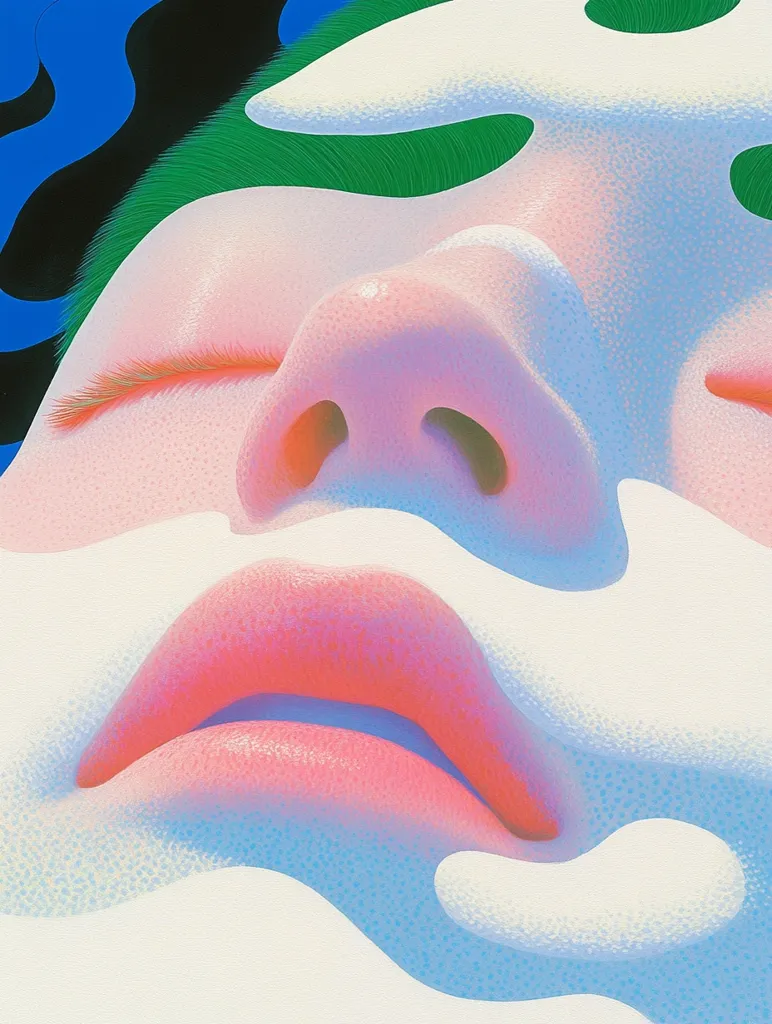 The image is a close-up of a woman's face, with her eyes closed and her mouth slightly parted. The background is a swirl of blue and green, while her skin is a soft pink with hints of blue and white. Her nose is prominent and her lips are full and pink. The overall effect is one of serenity and sensuality. The artist's use of color and texture creates a dreamlike and ethereal atmosphere.