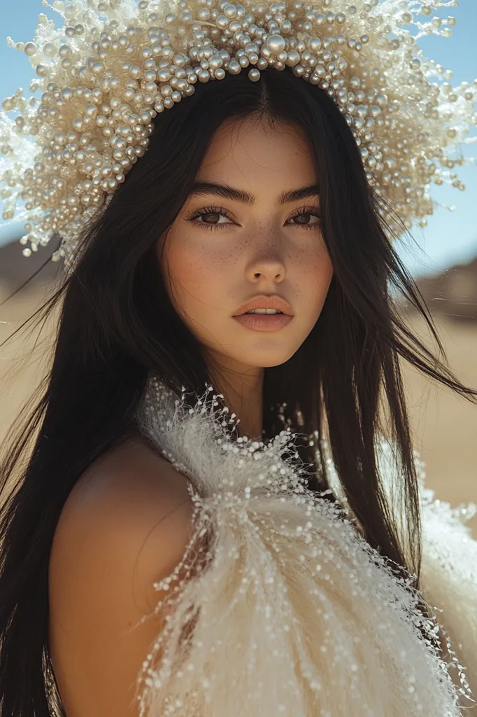 A young woman with long black hair is wearing a white feathery crown adorned with pearls. Her skin is fair and dotted with freckles.  Her eyes are large and dark, and she is looking at the camera with a soft, contemplative expression. The image is soft-focus and ethereal, creating a romantic and dreamy atmosphere.  She is wearing a white, fluffy garment that blends seamlessly with the crown. The lighting is soft and warm, highlighting her features. The background is blurred, making her the central focus. The image evokes a sense of beauty, innocence, and wonder.