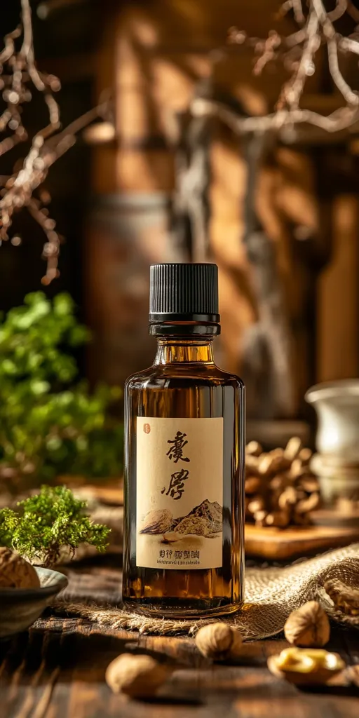 A glass bottle of brown liquid sits on a wooden surface. The bottle has a black lid and a label with Chinese writing. The label is also adorned with a picture of a mountain range. The bottle is surrounded by walnuts, dried branches, and moss. The background is blurred and out of focus. The scene is lit by warm, natural light.