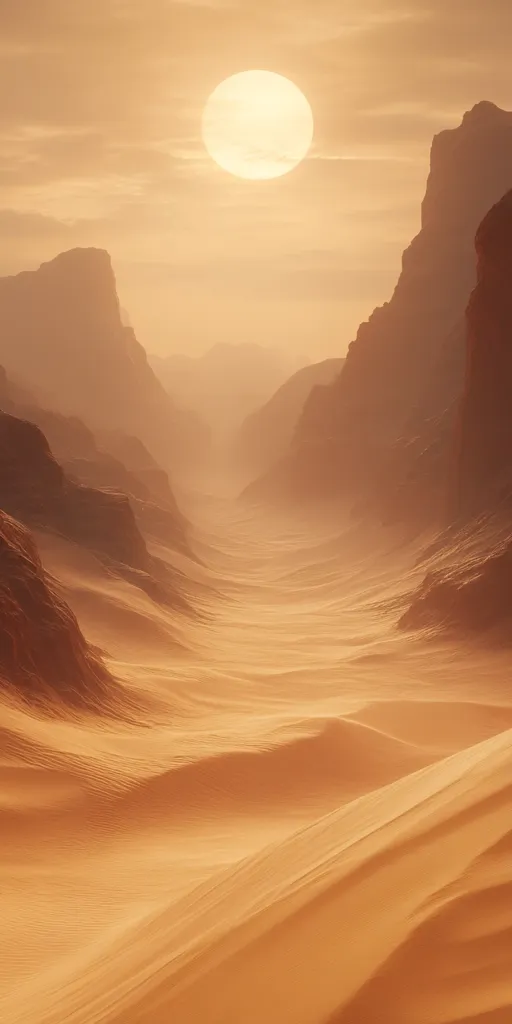The image shows a desert landscape with a large, bright sun in the sky. The scene is dominated by a vast expanse of sand dunes, with towering rock formations rising in the distance. The sun casts long shadows across the sand, creating a sense of depth and mystery. The scene is bathed in a warm, golden light, giving it a sense of tranquility and beauty.