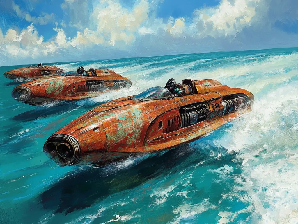 Three futuristic, orange speedboats race across a turquoise sea.  They leave white foamy trails in their wake. A clear blue sky with fluffy white clouds hangs above. The scene is painted in a rough, impressionistic style. The speedboats have a worn, rusty appearance.  A single figure drives each boat, their faces unseen.