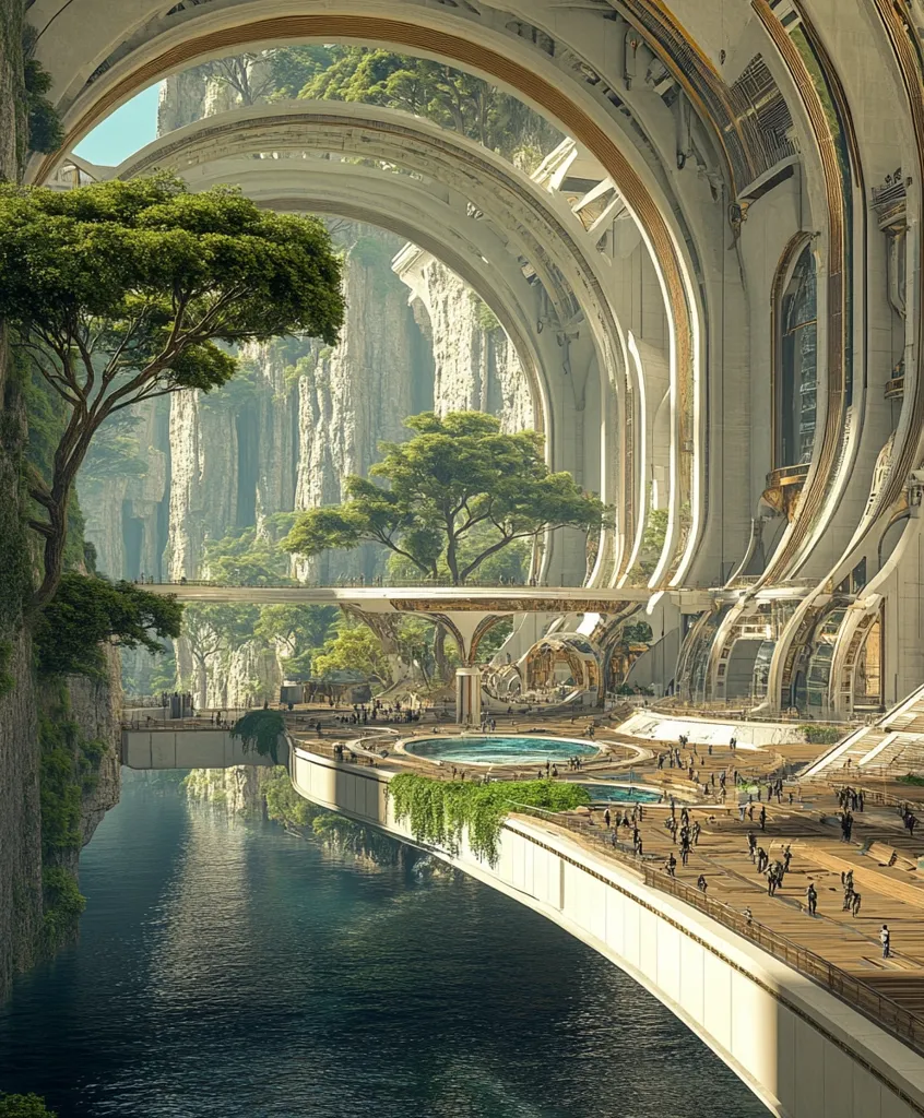 The image depicts a futuristic city nestled between towering cliffs. The city is characterized by its intricate, arched structures, creating a sense of grandeur and mystery. A large body of water flows through the city, reflecting the surrounding buildings and greenery. The presence of trees and other vegetation suggests a harmonious integration of nature and technology. People can be seen traversing the city, adding a touch of life to the scene. Overall, the image conveys a sense of wonder and possibility, hinting at a future where advanced technology coexists with nature.