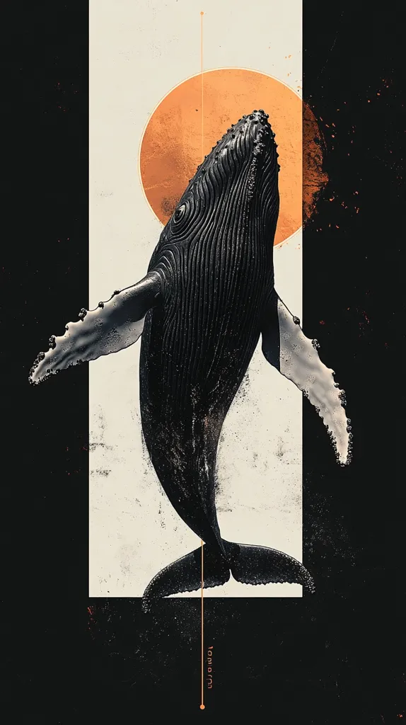 The image features a black and white stylized illustration of a whale jumping out of the water. It is positioned in the center of the image, with its tail in the lower section and its head pointed upwards. The whale is set against a backdrop of a large, orange sun-like circle in the upper portion of the image, framed by a thin black line that extends through the entire image.  The background is a textured, black and beige color palette.