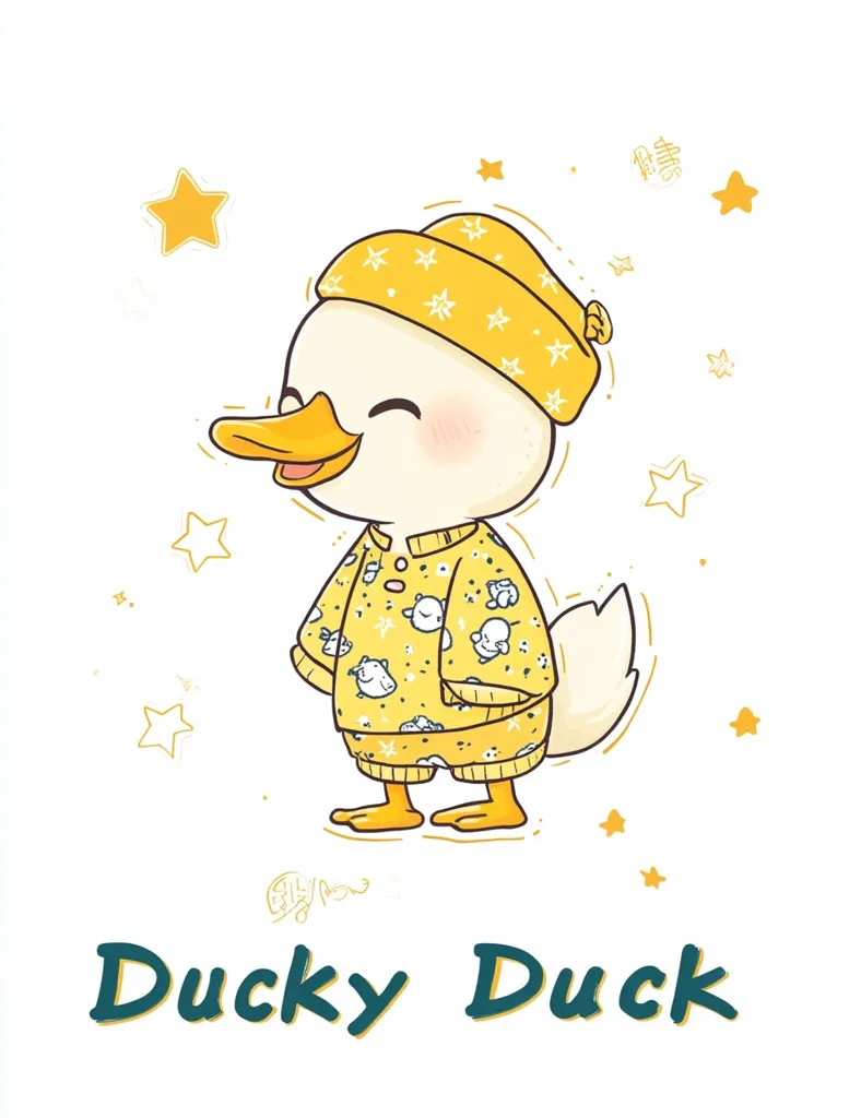 The image depicts a cartoon duck wearing yellow pajamas with a white and yellow star pattern. The duck has a happy expression and is standing on a white background with a scattering of yellow stars. The duck is wearing a yellow beanie with stars on it. The text "Ducky Duck" is written at the bottom of the image. The overall style is cute and playful.