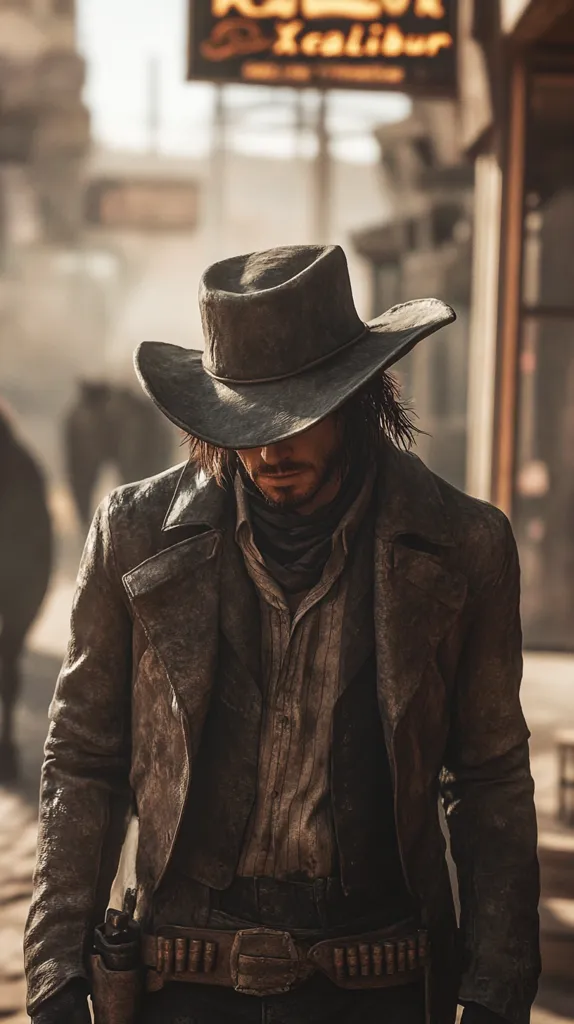 A man in a worn leather jacket and a cowboy hat walks through a deserted Western town. He wears a long, dark coat over a light-colored shirt, and his belt is adorned with a bandolier of bullets. The sun casts long shadows on the buildings around him. His face is obscured by the brim of his hat and the shadows, giving him an air of mystery.  He seems to be on a mission, his eyes scanning the street ahead.