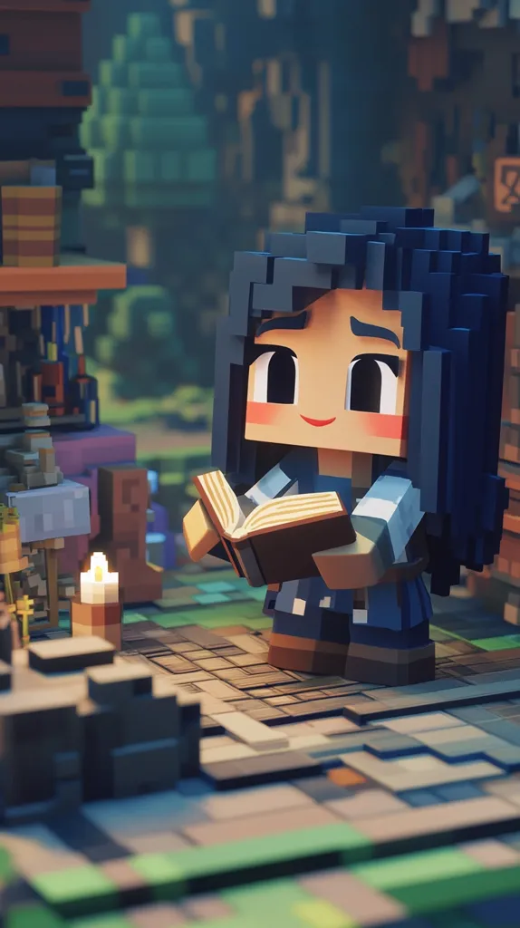 A Minecraft character, a young girl with long blue hair, stands in a pixelated world, holding a book open in her hands. She is smiling and her cheeks are flushed. The background is blurry and shows a wooden building and a lit candle. The scene is bright and cheerful, with a sense of wonder and adventure.