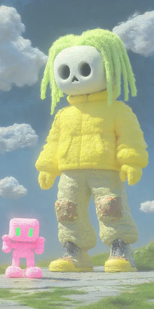 A large, fuzzy, yellow-clad figure with a skull face stands on a grassy path. The figure has long green hair and is wearing yellow boots. A smaller pink figure with green eyes stands beside it, looking up at the larger figure. The background features fluffy white clouds against a blue sky. The scene is rendered in a soft, textured style, giving it a dreamlike quality.