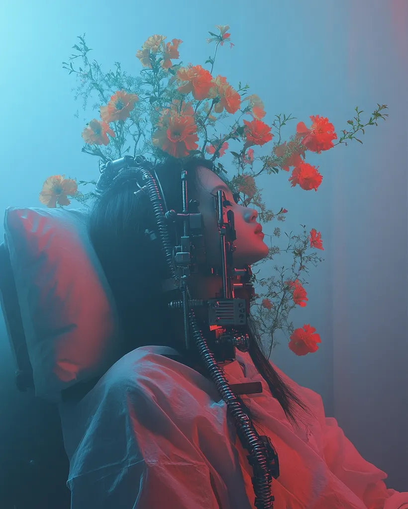 A woman with long black hair sits in a chair, her head adorned with a crown of delicate yellow and red flowers.  She is connected to a complex mechanical apparatus that wraps around her head and neck. The image is bathed in a soft, blue light, giving it a dreamlike quality.  The contrast between the natural beauty of the flowers and the cold, metallic machinery creates a sense of mystery and intrigue.
