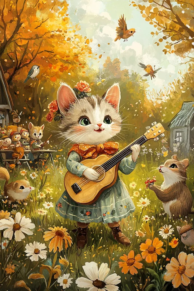 A cute cat wearing a floral headband and a blue dress plays an acoustic guitar in a field of flowers. A small squirrel sits next to the cat, listening intently. Several birds fly in the sky, and a group of small woodland creatures stand in the background. The image is painted in a whimsical style, with soft colors and rounded shapes.