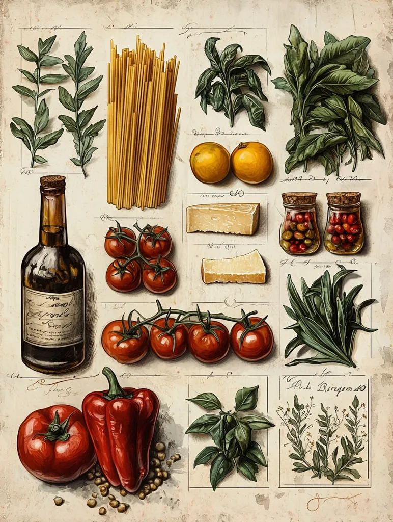 The image is a still life of various Italian culinary ingredients. It features a bottle of wine, a bundle of spaghetti, tomatoes, red peppers, parmesan cheese, and various herbs.  The items are arranged on a parchment-like background with handwritten notes around them. The image evokes a sense of rustic Italian charm.