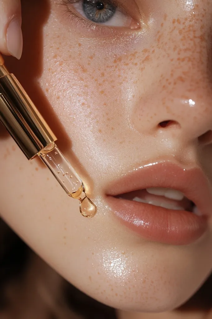 The image shows a close-up of a woman's face, focusing on her lower eyelid, nose, and mouth.  She has a light complexion with freckles and is applying a golden serum with a dropper. The image is likely promoting beauty products or skincare routines, highlighting the serum's ability to enhance skin's natural glow and radiance.  The focus on the mouth and the glistening droplets of serum suggest a focus on hydration and lip care.  The overall tone is soft and inviting, showcasing the benefits of the product.
