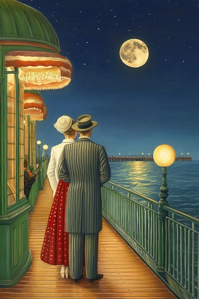 A couple, a man and a woman, walk hand-in-hand along a pier at night.  The woman wears a red dress with white polka dots, while the man wears a dark suit. The full moon shines brightly in the sky above the calm water, and lights from the pier illuminate the scene.  The couple are silhouetted against the moonlit sky, creating a romantic and timeless image.